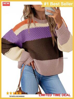 Cropped Color Block Striped Pullover Sweater Crew Neck Long Sleeve